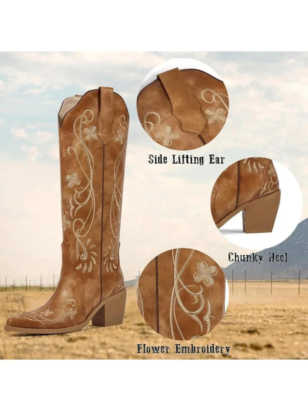 Women's Floral Brown Knee High Cowgirl Boots Embroidered Pointed Toe Chunky Heel